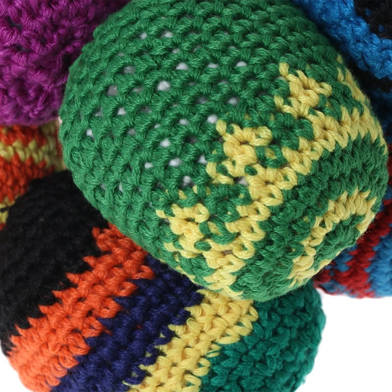 Vibrant set of 10 hand-crocheted juggling and stress-relief balls, each featuring unique, colorful ethnic patterns.