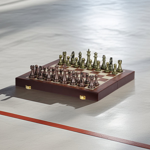 Elegant 52 cm professional chess set with Roman-style metallic pieces and a foldable board featuring a clear, stylish design.