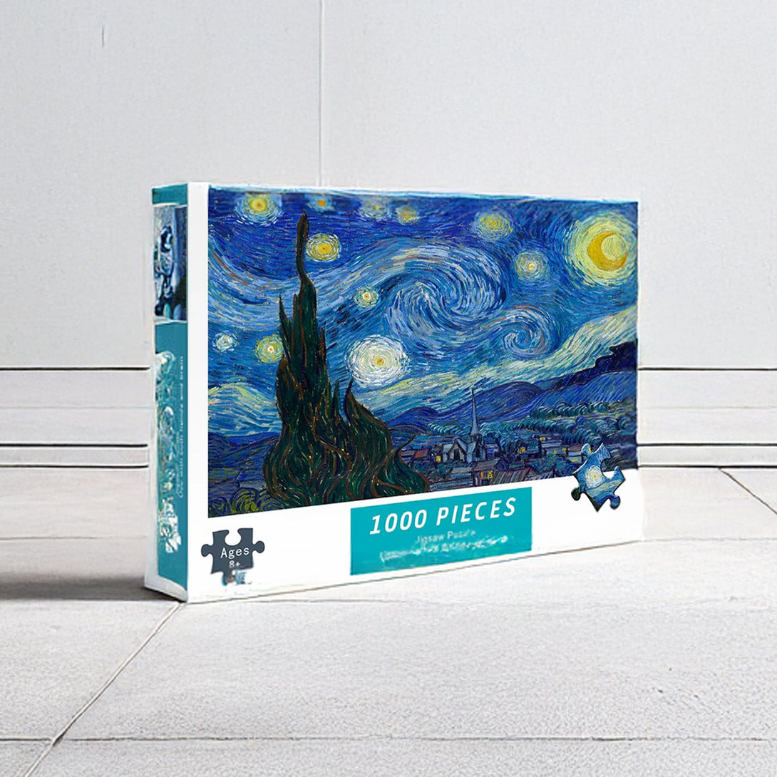 Stunning 1000-piece Van Gogh puzzle showcasing vibrant, iconic artwork on a 75x50cm paper design, perfect for art lovers.