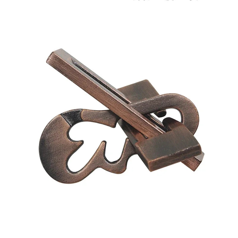 Elegant metal violin-shaped puzzle with intricate copper-finished pieces, perfect for brain teasers and stylish decor.