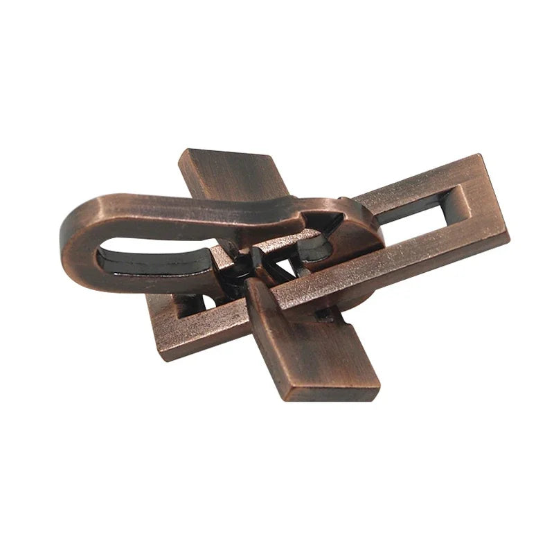 Elegant metal violin-shaped puzzle with intricate copper-finished pieces, perfect for brain teasers and stylish decor.