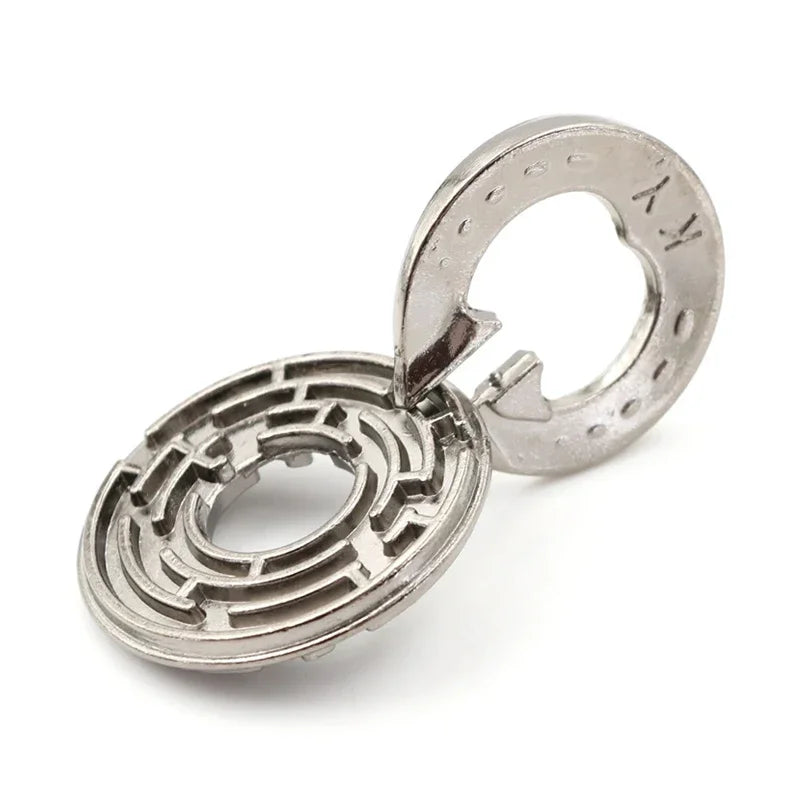 Rustic metal puzzle featuring two interlocking horseshoes and a central ring, showcasing a vintage, raw steel finish.