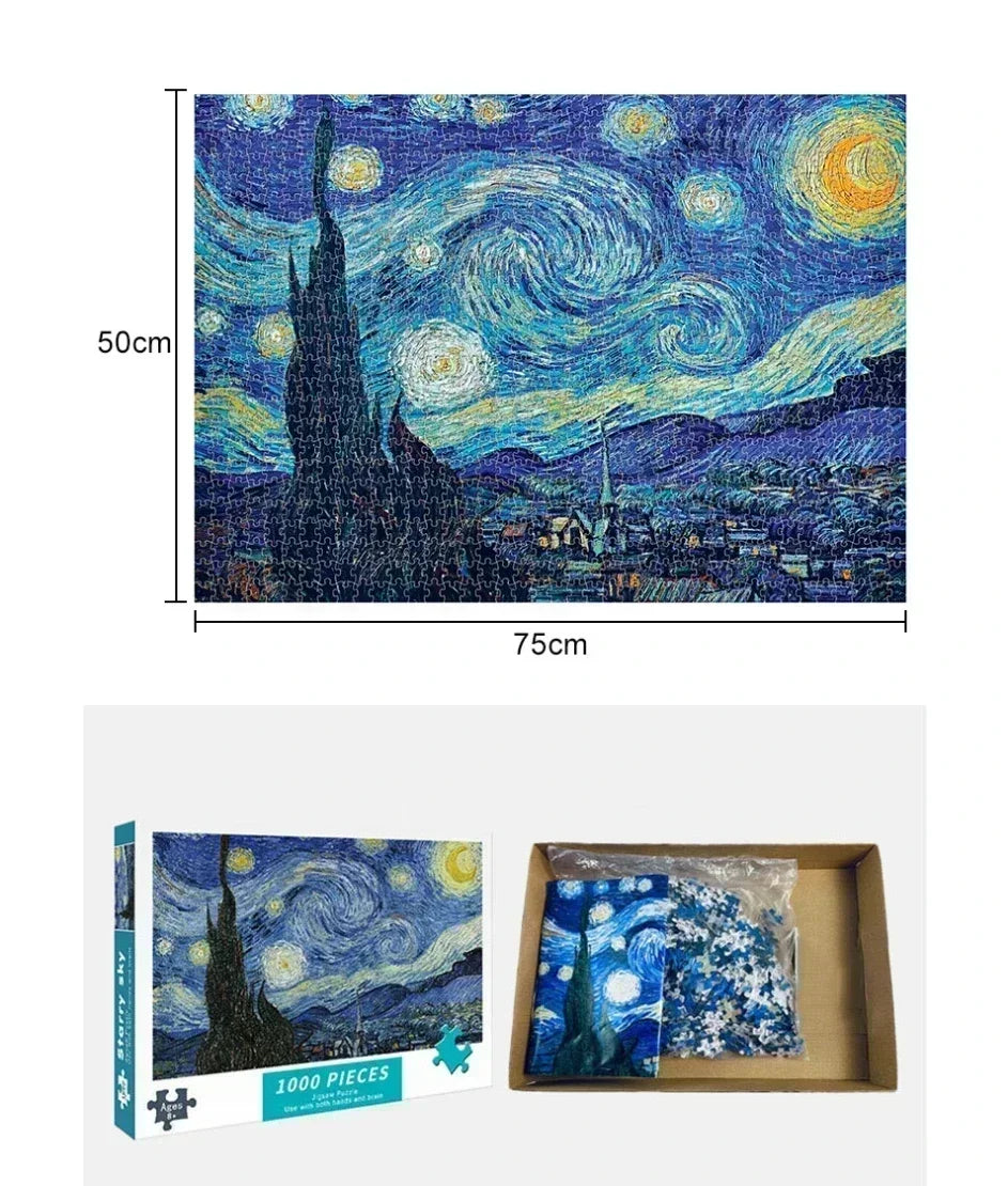 Vibrant 1000-piece Van Gogh puzzle showcasing a stunning, colorful artwork, perfect for enhancing focus and coordination.