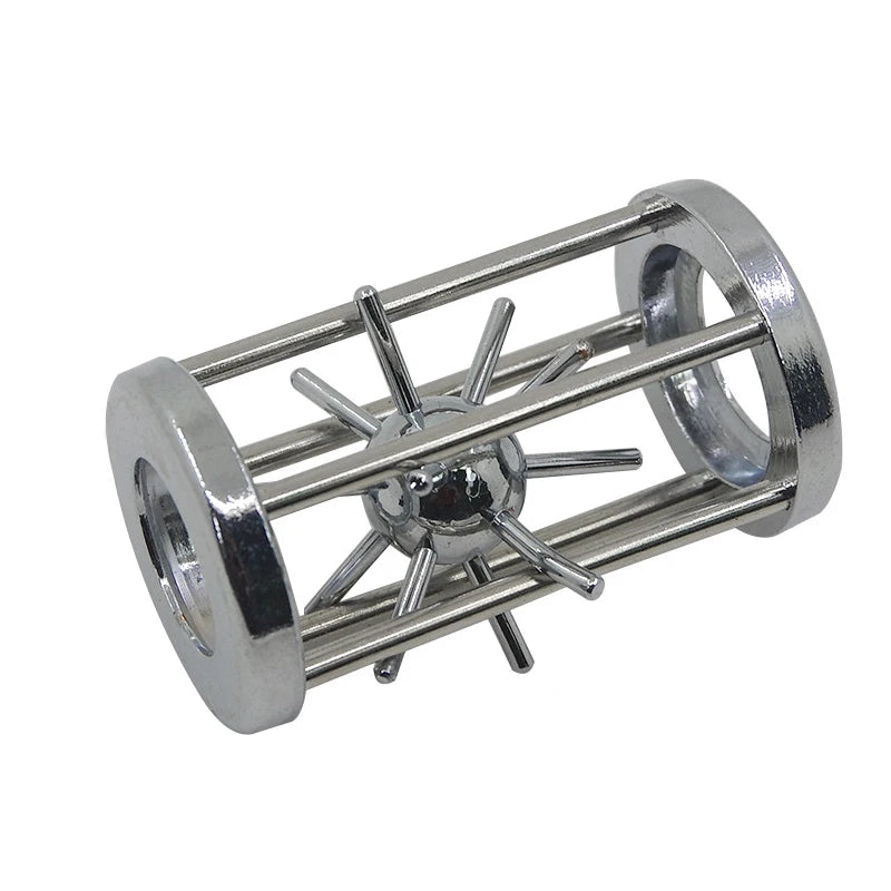 Intriguing metal puzzle featuring a sphere trapped in a cylindrical cage of sleek chrome rods, blending industrial style with brain-teasing fun.